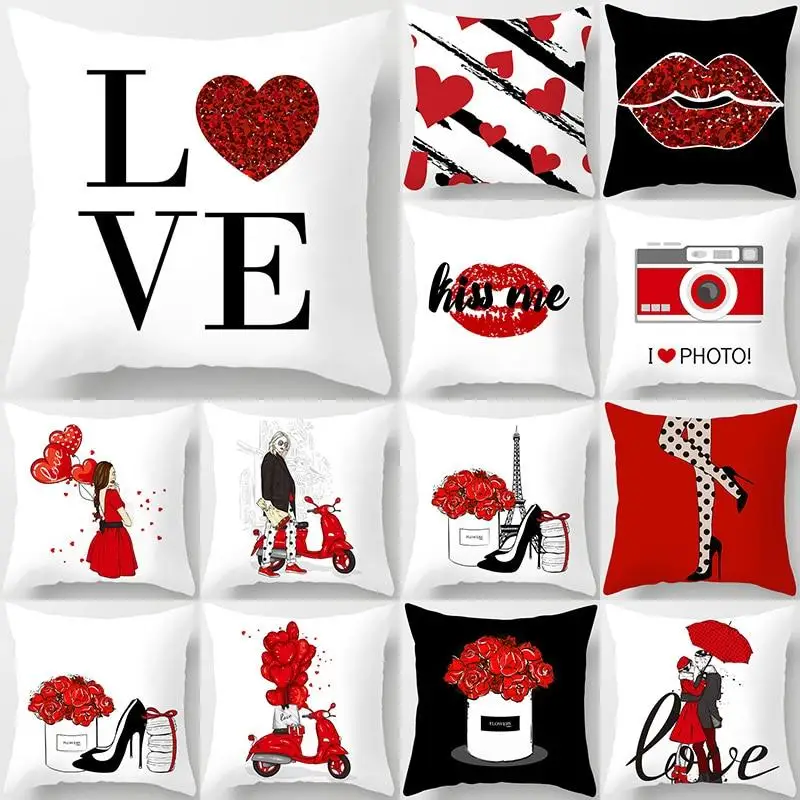 

Heart Love Red Lips Print Decorative Cushions Pillowcase Polyester Cushion Cover Throw Pillow Sofa Decoration Pillowcover