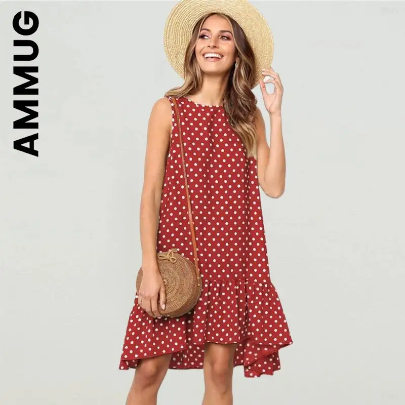 

Ammug Women Dress New Polka Dot Chiffon Sleeveless Beach Mini Yellow Sundress Casual Women's Dresses Clothing Vestidos Female