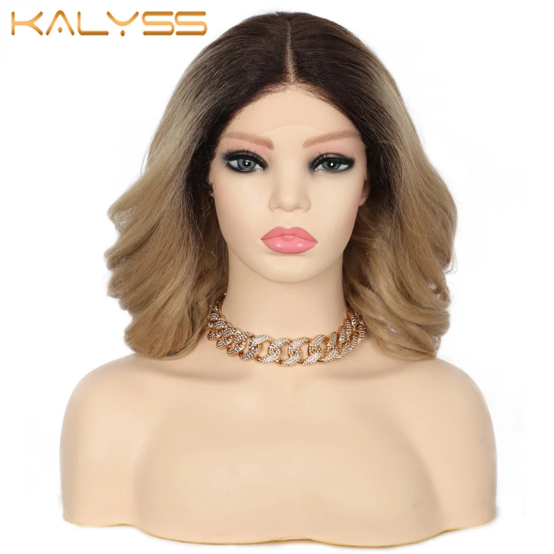 K 14 Inches Swiss Lace Front Wigs Short Ombre Brown Loose Wave Synthetic Hair For Black Women Heat Resistant Middle Part