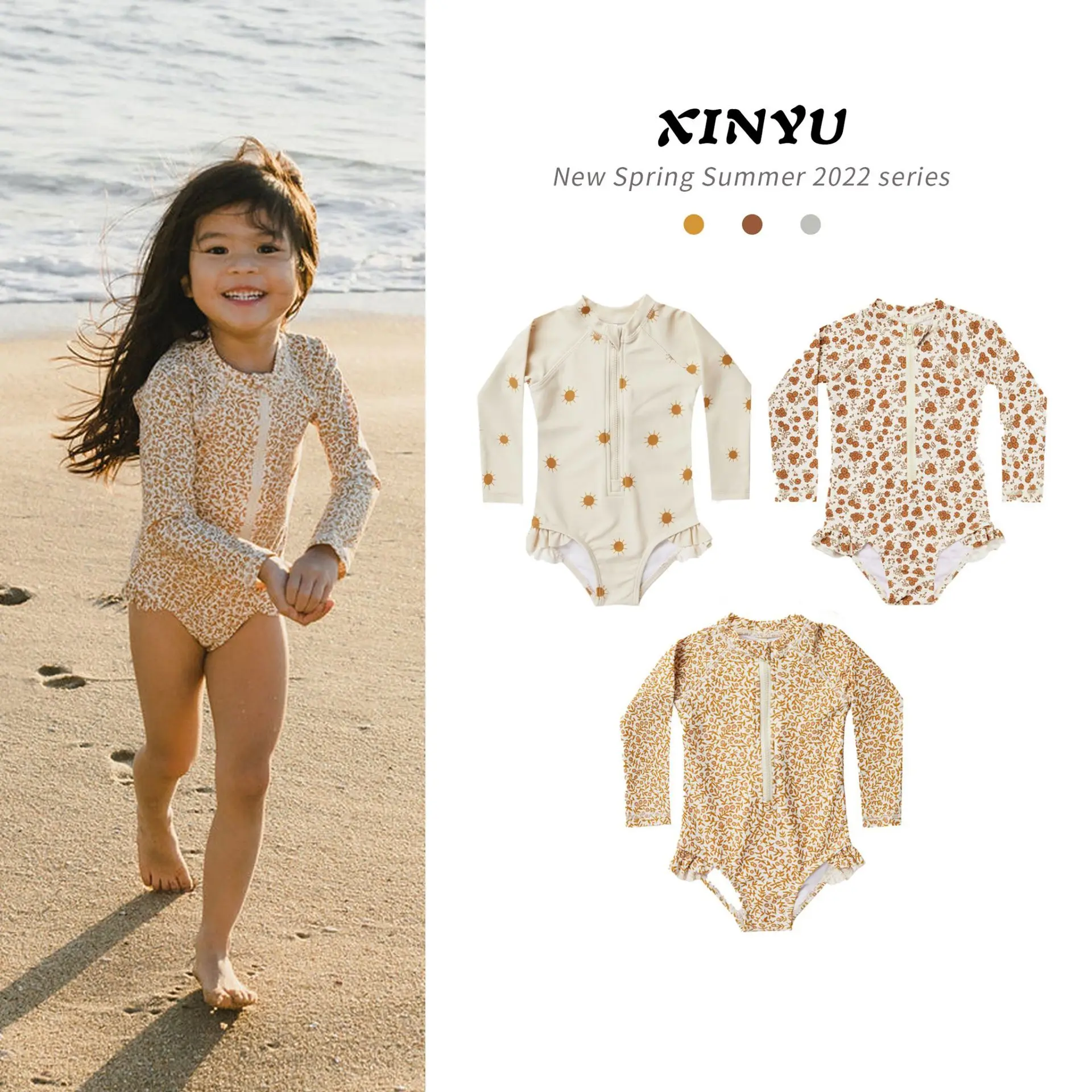 

One Piece Swimwear Baby Girl Floral Strap Swimsuit Striped Printed Ruffles Beachwear Swimsuits Long Sleeve Kids Swimwear Toddler