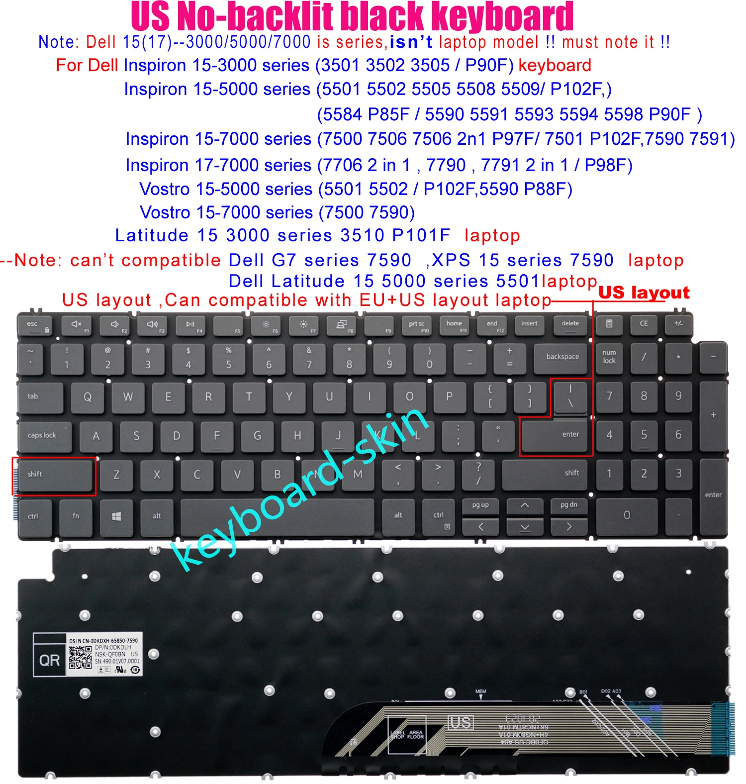 

Новая Черная Клавиатура США без подсветки для Dell Inspiron 15-5501 5502 5505 5508 15-5509 P102F 5584 P85F 5590 5591 5593 5594 5598 P90F