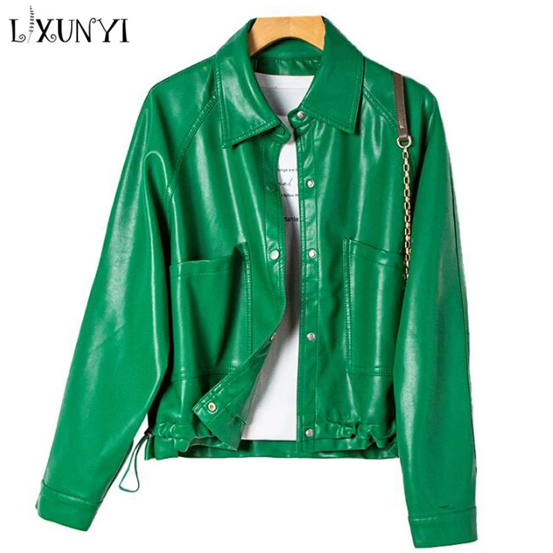 KoHuiJoo Green Turn-down Collar Casual Pockets Leather Coat Women Spring Autumn Short Loose Drawstring Casual Leather Jacket