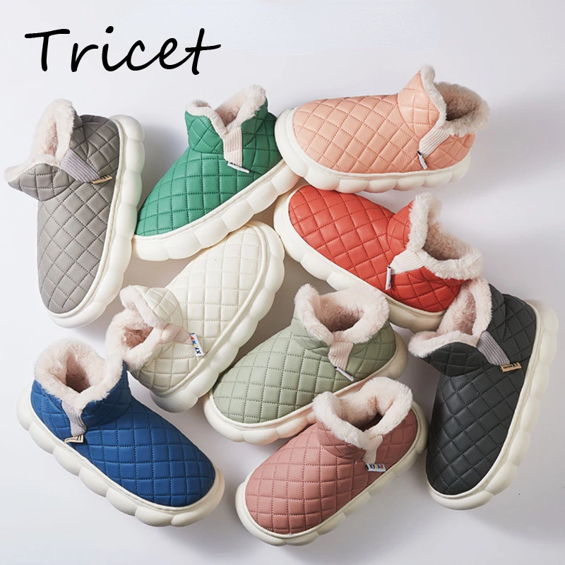 

Однотонные теплые тапочки для женщин и мужчин, обувь из хлопка на толстой подошве, плюшевые, ПВХ, водонепроницаемые уличные зимние сапоги, ж...