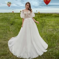 glitter boho wedding dresses for women 2022 puff sleeve lace appliques beaded a line country bride bridal gowns vestido de noiva