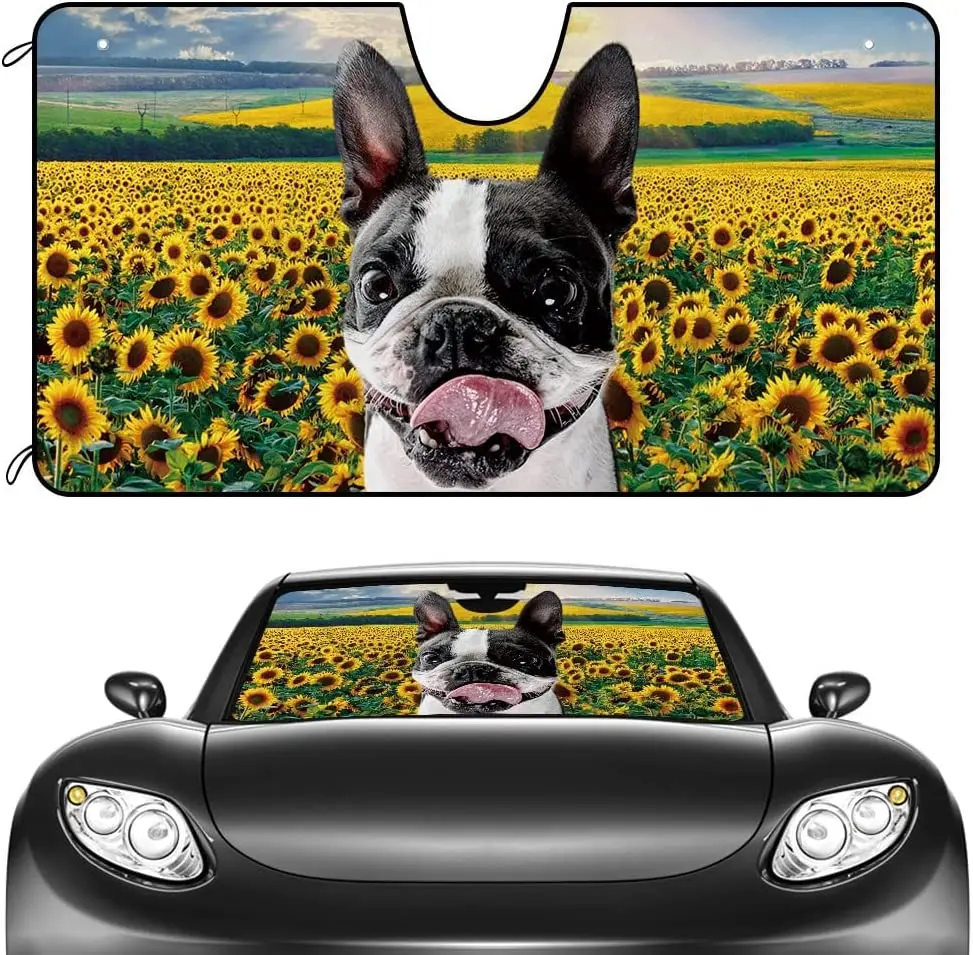 

CafeTime Dog Car Front Windshield Sunshade Boston Terrier in The Sunflower Spring Summer Vehicle Sun Shade Visor UV Ray Reflecto