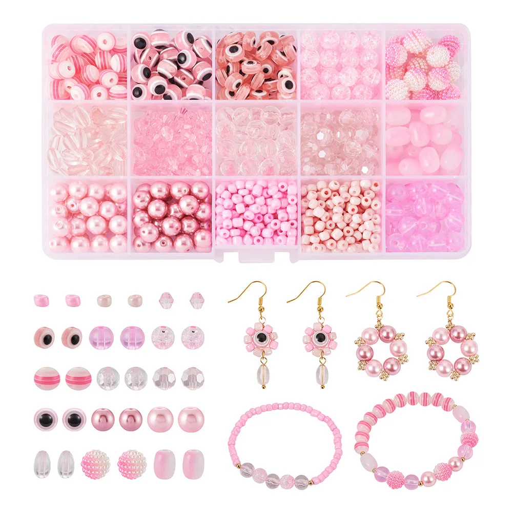 

Pink Beads Kit Round Glass Acrylic Pearl Beads Flat Round Stripe Resin Beads Glass Seed Loose Spacers For DIY Jewelry Making