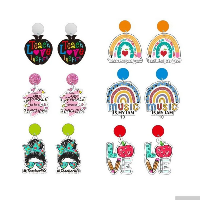 

Teachers' Day Glitter Acrylic Apple Love Rainbow Letter Earrings for Women Fashion Festival Jewelry