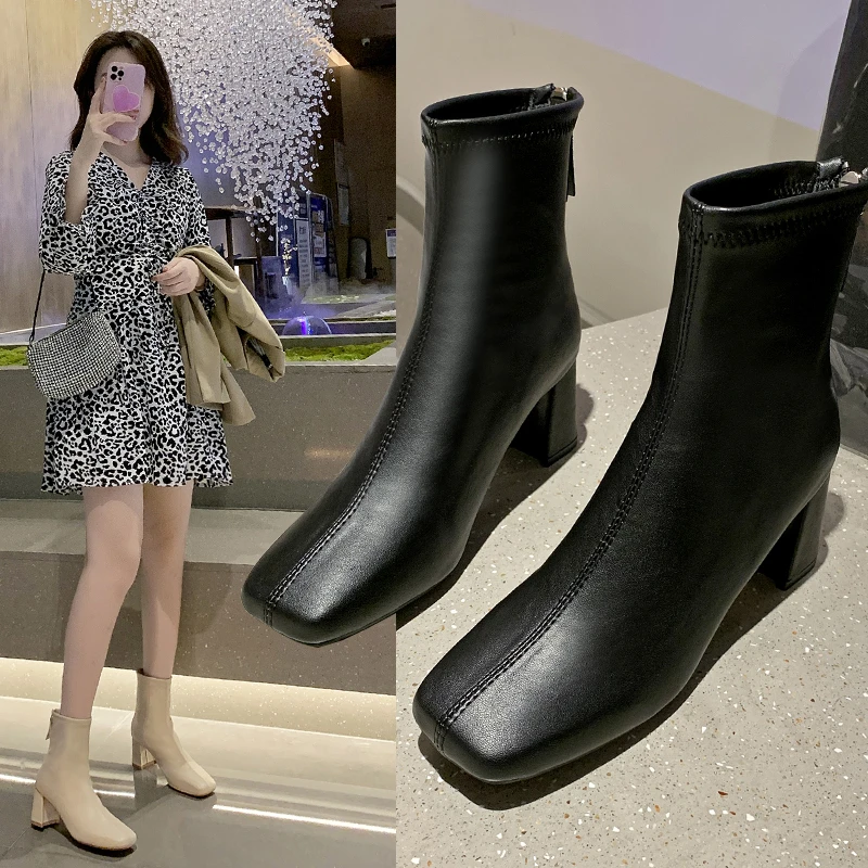 

Женские ботильоны на квадратном каблуке, модные привлекательные ботинки, кожаная женская обувь на молнии, повседневная обувь на каблуке 6 с...