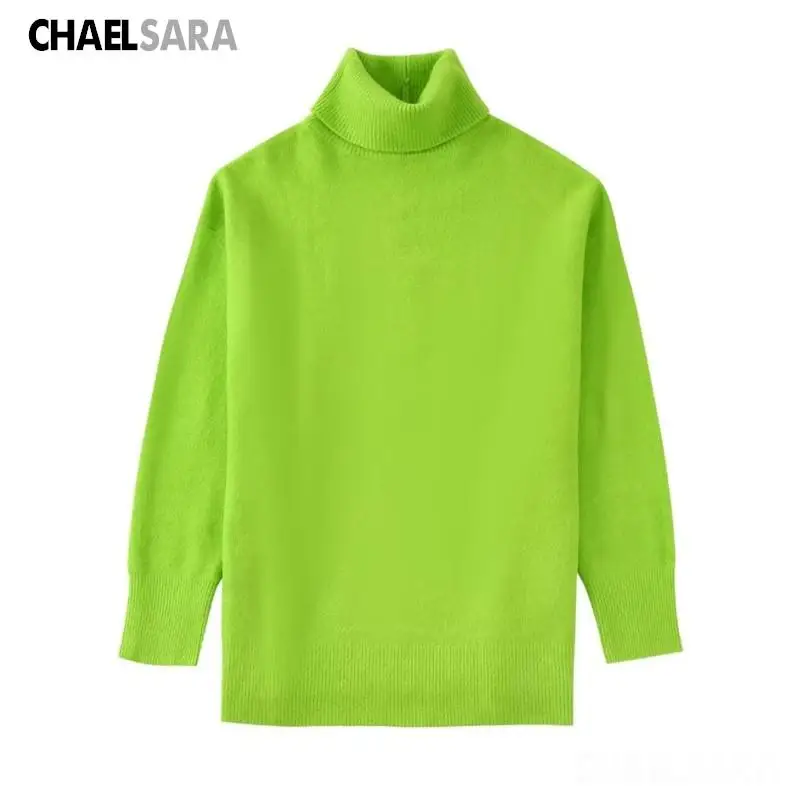 

2023 Autumn Winter Women Fashion Green Loose Knit Sweater Female Vintage Turtleneck Long Sleeve Tops Pullover