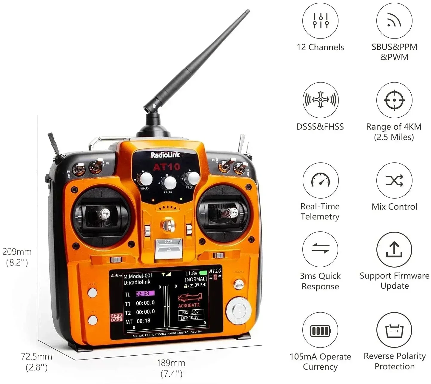 RadioLink AT10 II 2 4 ГГц 10-канальный радиоуправляемый передатчик с приемником R12DS PRM-01