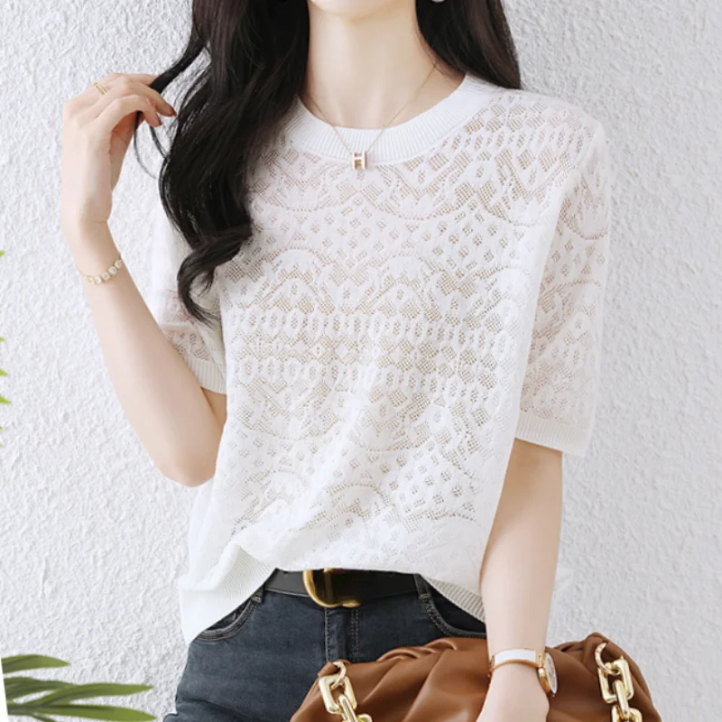 

2023 Summer Casual White Short Sleeve T-shirt Hollow Ice Silk Knitted T-shirt Women's Solid Thin Tops Elegant Korean Top 27220
