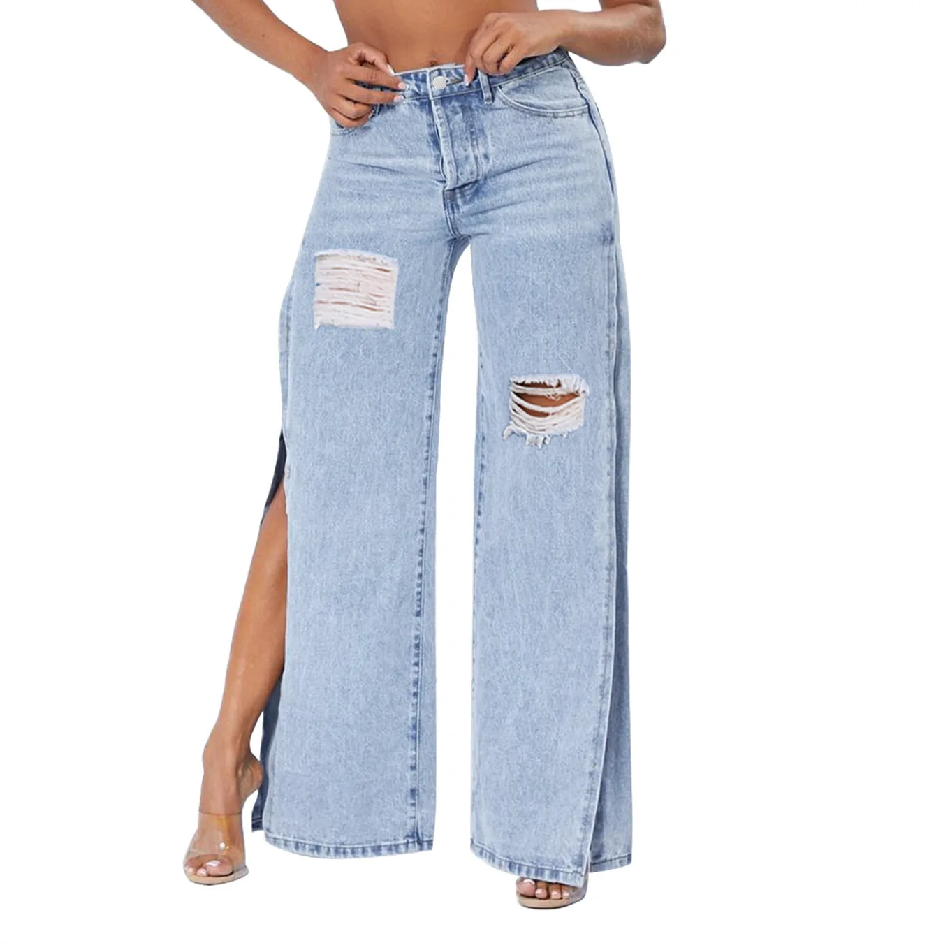 

2022 Autumn New Women Ripped Stretch Broken Hole Personality Large Split Jeans