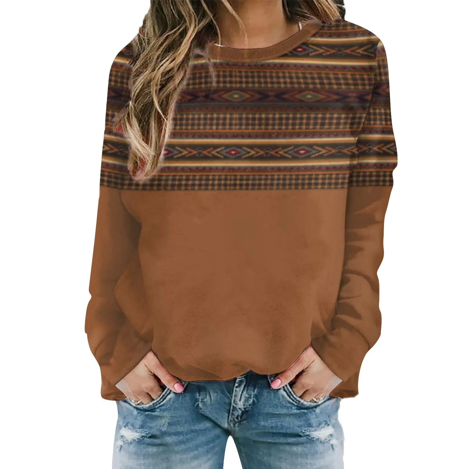 

Женский свитер в этническом стиле, с длинным рукавом и круглым вырезом