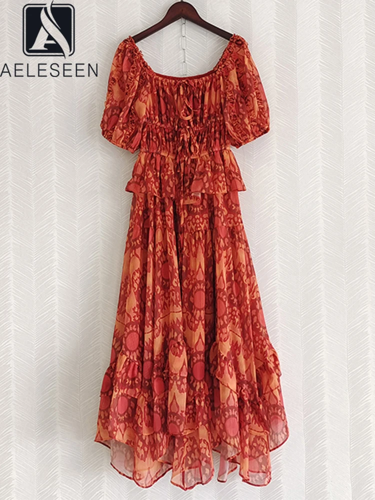 

AELESEEN 2022 Summer Designer Fashion Dress Women Square Collar Flower Printed Cascading Ruffles High Quality Belt Holiday Long