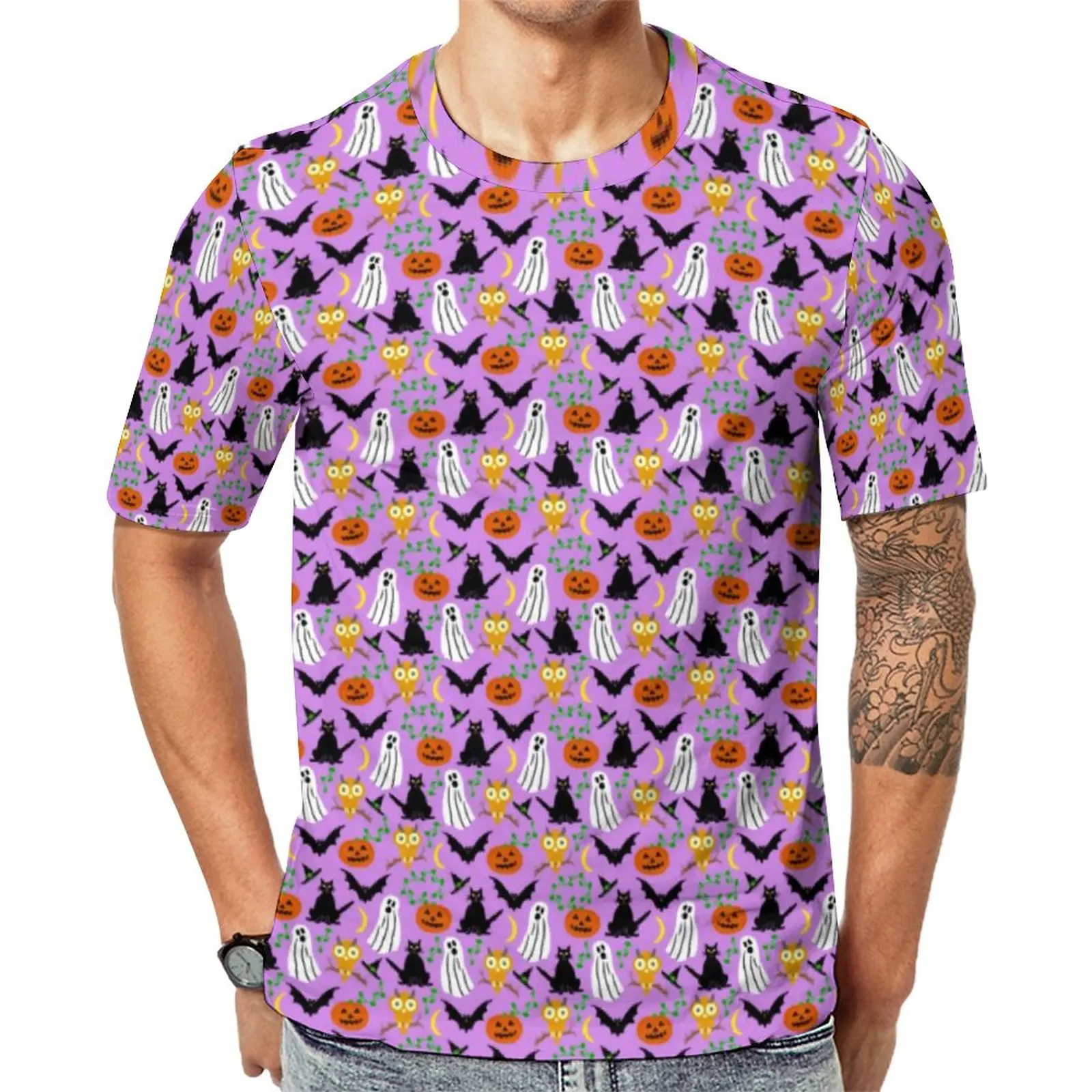 

Black Cats Print T-Shirt Ghosts Bats Pumpkins Cool T-Shirts Mens Streetwear Tshirt Summer Short Sleeve Print Tees Plus Size 5XL
