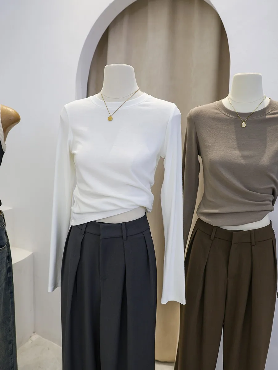 Однотонная футболка с длинными рукавами и плечами женская нижняя рубашка осень