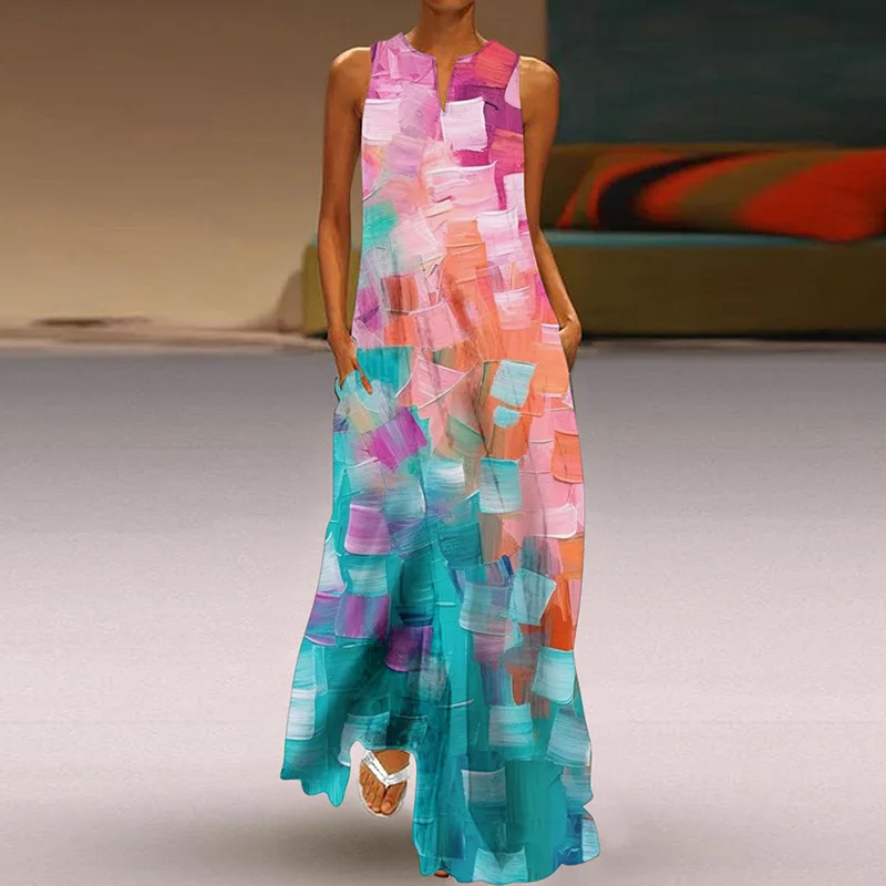 

Женское свободное платье с принтом звездного неба, Длинное свободное Повседневное платье с V-образным вырезом и карманами, весна-лето