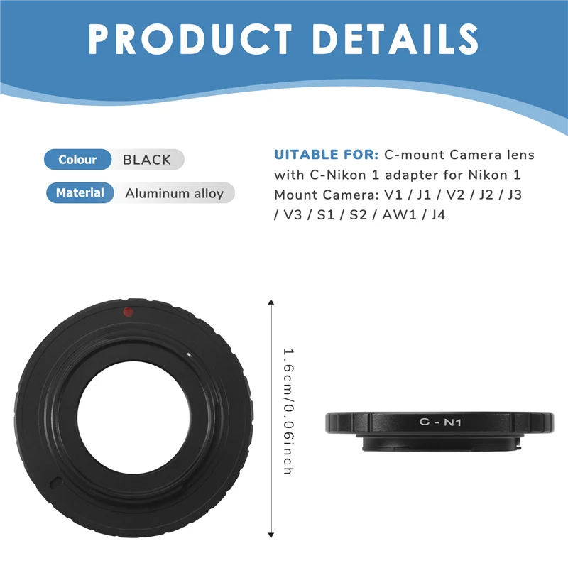 Черный объектив Cine с креплением C-Mount диаметром 16 мм для Nikon 1 Mount J1 V1 J2 V2 J3 V3 J4, переходное кольцо для объектива камеры C-N1 C-Nikon 1-Hot (art.: 3920d1dab577e) - 3920d1dab577e