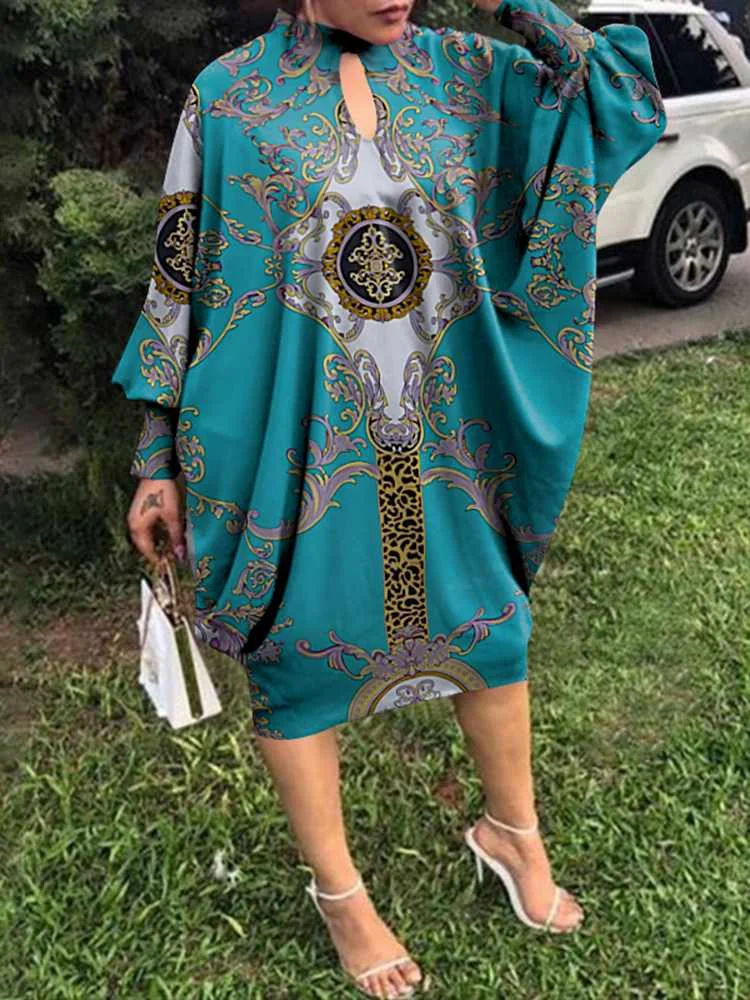 

VONDA Oversized Women Dress 2022 Fashion Summer Casual Long Sleeve O Neck Floral Bohemian Printed Casual Vintage Midi Dress Robe