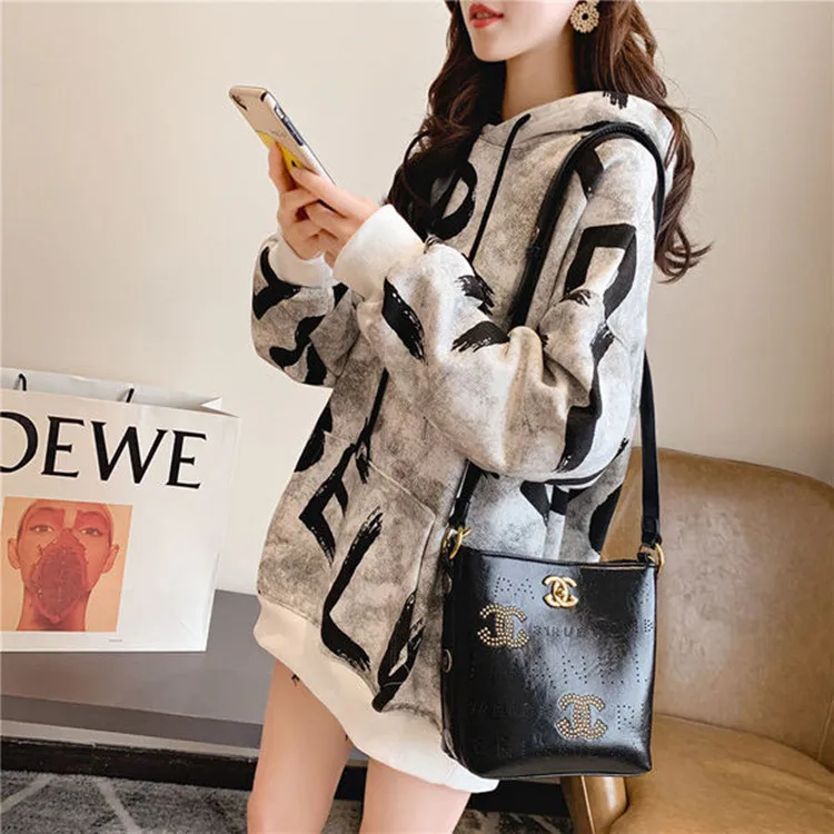 

2021 Autumn Winter New Women's Sweatshirt Fashion Letter Print Fleece Hoodies Casual Oversized Mid length Hooded Sweatshirt