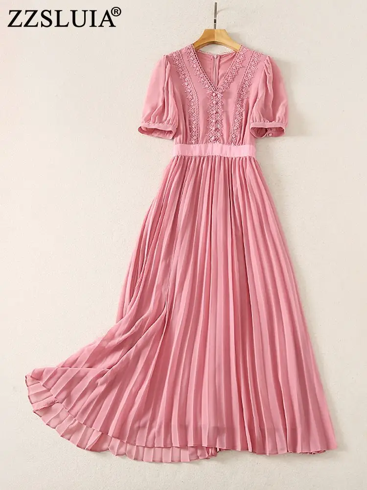 

ZZSLUIA элегантные плиссированные платья для женщин вышивка ажурное дизайнерское тонкое длинное платье модное летнее цельное женская одежда