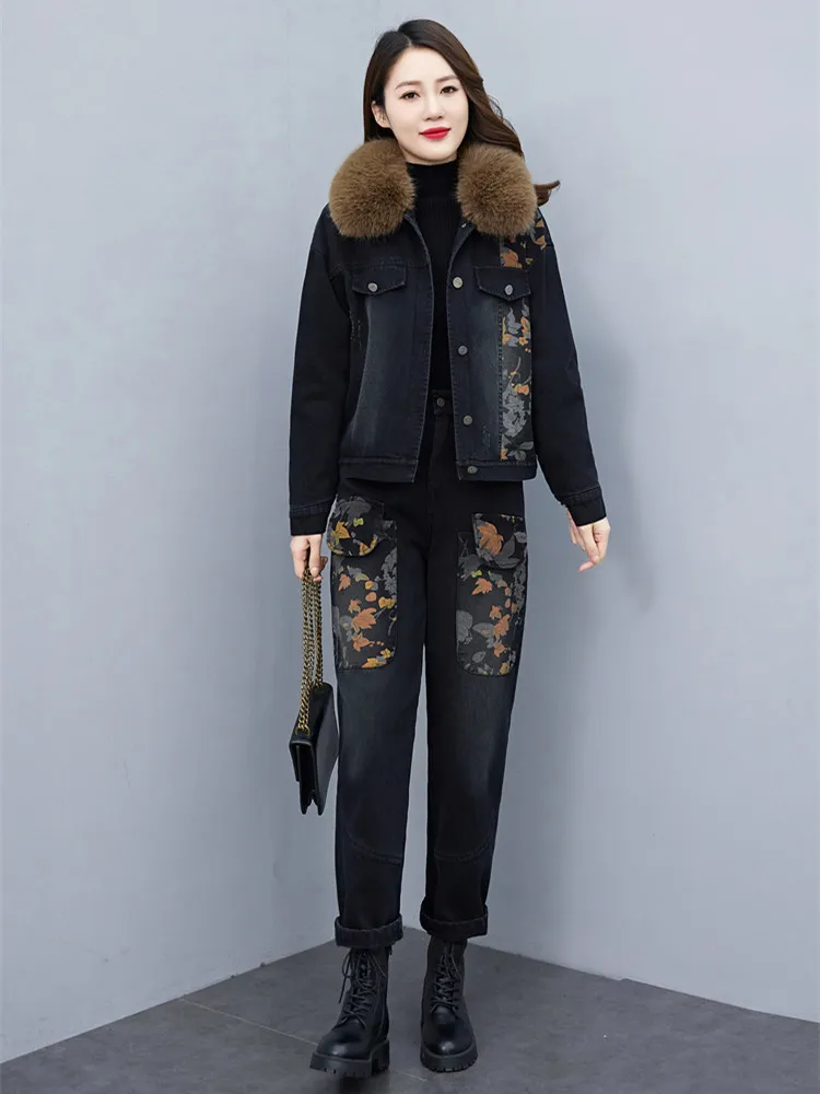 Женский джинсовый костюм из двух предметов повседневный утепленный джинсовой