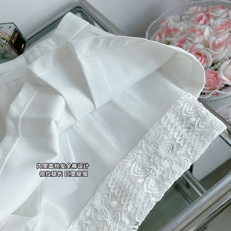 Women's Lace Patchwork Short Summer Chic Solid Color High Waist Pleated Shorts Lady Streetwear Short Pants