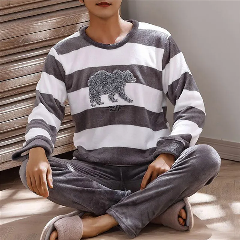 2022 Winter Flannel Pajama Sets Warm Cartoon Home Suit For Men Coral Velvet Sleepwear Suit Pyjamas Lounge Homewear Home Clothes