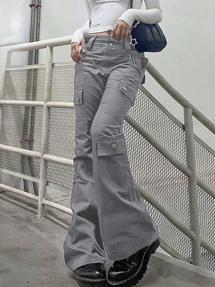 

2023New Gray Casual Stitched Pocket Cargo Pants Women Low Waist Vintage Streetwear Jeans Korean Fashion Straight Denim Trousers