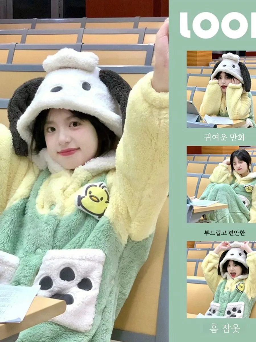 Pacha Dog Clownfish Cartoon One-Piece Pajamas Women Winter Cute Thickened Homewear Hood Coral Fleece Nightgown Nightdress