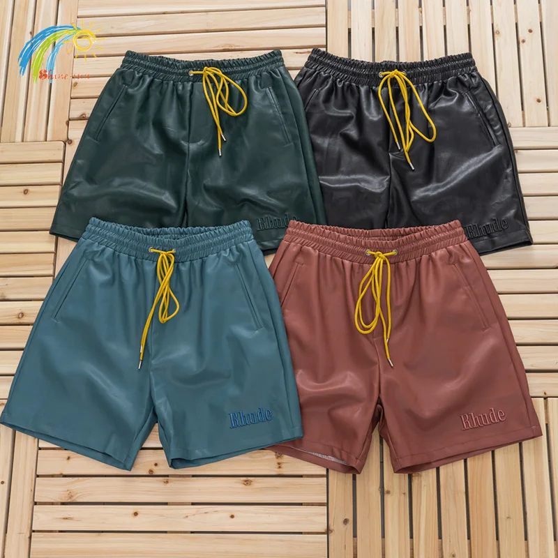 

Шорты мужские/женские из ПУ кожи, свободные бриджи в уличном стиле, с вышивкой, надписью и логотипом, бордовые, красные, синие, зеленые, черные