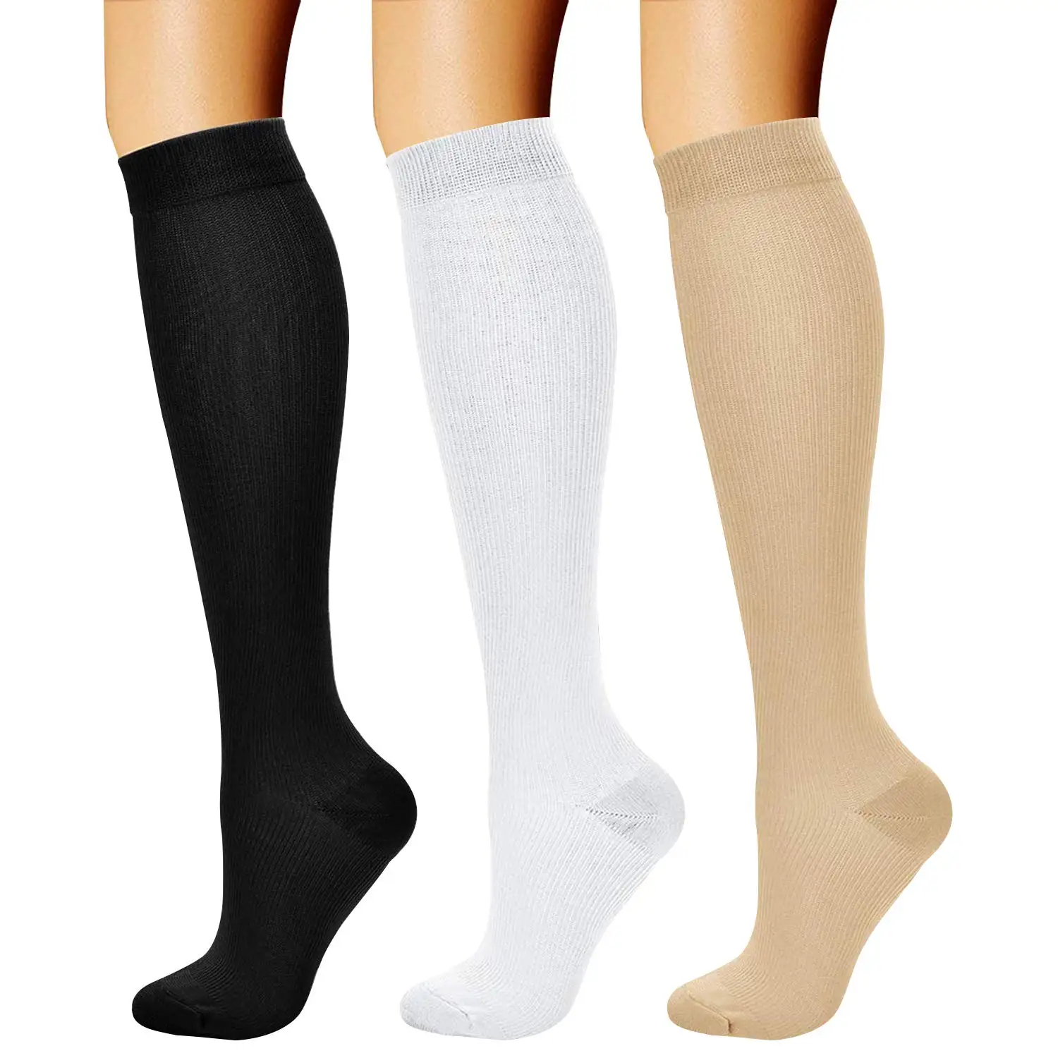 3 Pairs Plus Size Compression Stocking for Women Men All Day Wear Knee High Calf Nurse Medical Circulation Support Socks