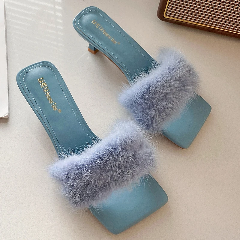 

Fur Fashion Women Pumps Shoes Summer Sandals Med Heels Ladies Slides Slip On Female Casual Outdoor Square Toe Slippers