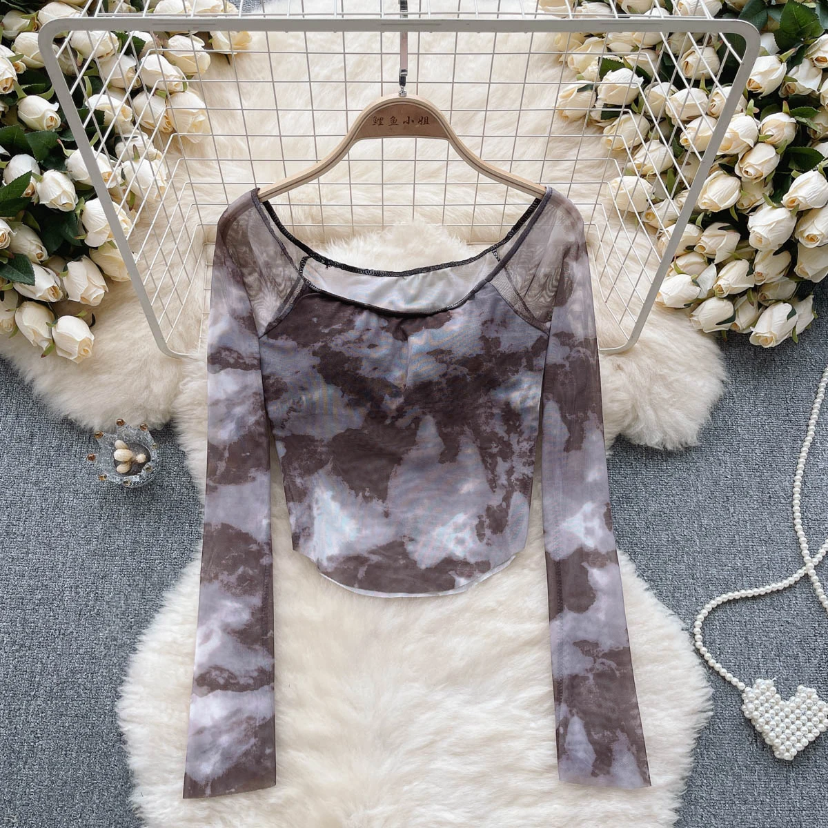 

Women Chic Mesh Print Top Slim Basic Sexy Korean Fashion O-Neck Long Sleeve T-shirt Summer Women Top