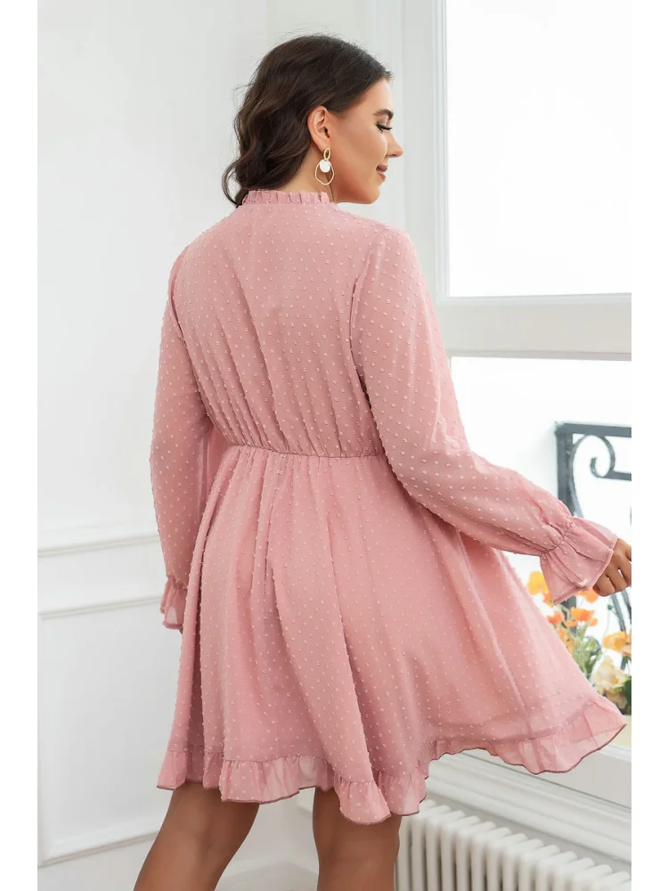 New plus size women short-sleeved V-neck fashion slim ruffled waist pink short dress plus size outfits  party dresses