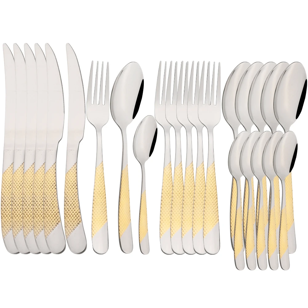 

Drmfiy 24Pcs Luxury Western Dinnerware Set Stainless Steel Silverware Set Gold Sharp Knife Forks Tea Spoon Cutlery Tableware Set