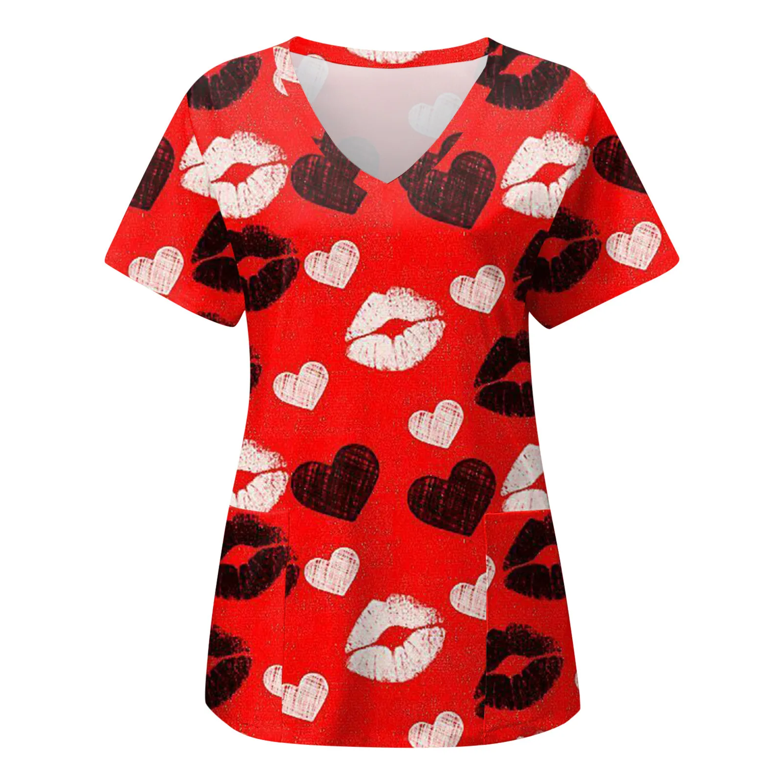 

Nurses Uniform Womens Love Heart Lips Print Scrubs Short Sleeve Pocket Valentine's Day Healthcare Nurse Carer Workwear Uniforms