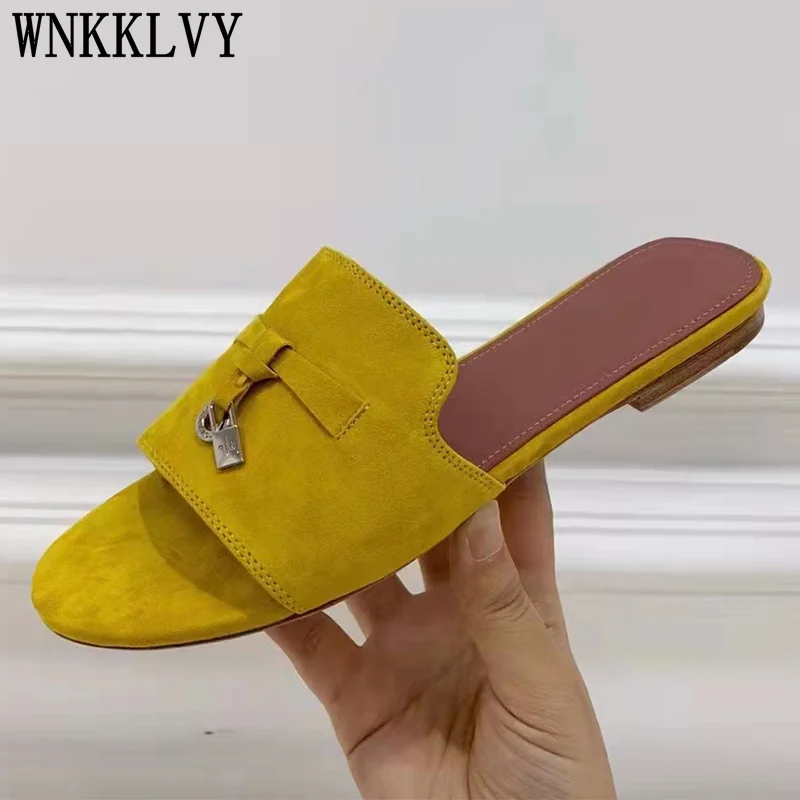 

Summer Faux Suede Flat Shoes Women's Shoes Round Toe Slippers Simple Metal Decoration Solid Color Slippers Ladies Size 42