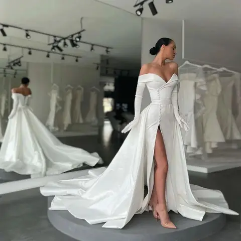 Белое Атласное длинное свадебное платье цвета слоновой кости со съемным шлейфом, открытыми плечами и высоким разрезом, на пуговицах, вечерние платья