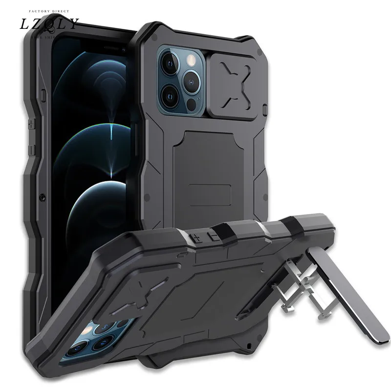 

Armor Slide Rugged Camera Lens Phone Case for Iphone 12 Pro Max Metal Aluminum Military Grade Bumpers Armor Kickstand Cover