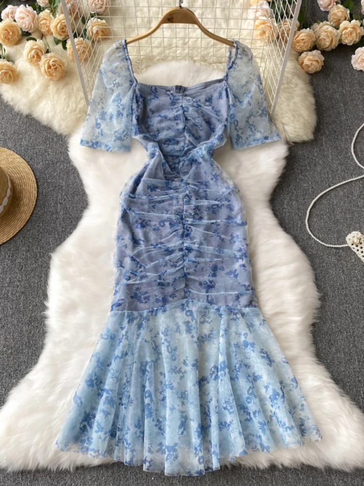 

Aibeautyer New Casual Summer Floral Print Slim Short Lady Dress A Line Square Collar Chiffon Pullover Mid-Calf Women Dresses