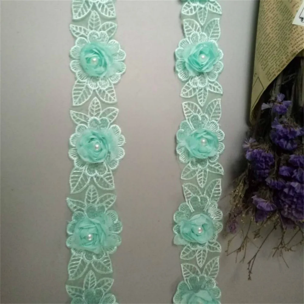 2-ярдовая растворимая зеленая роза с жемчугом и шифоном вышитая кружевная бейка