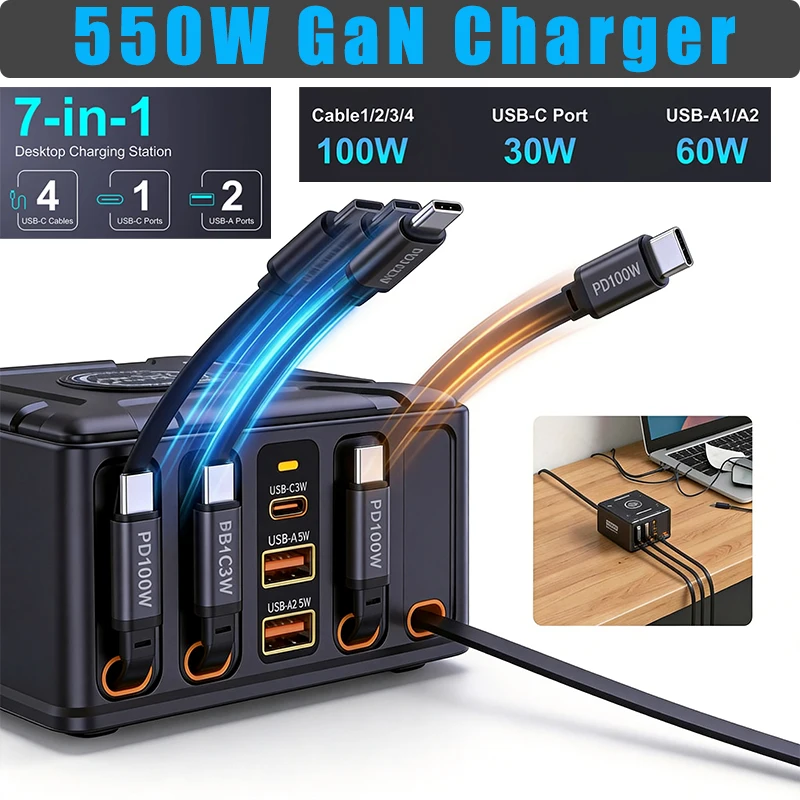Фото Зарядная станция GaN 550 Вт 7-в-1 с выдвижным кабелем USB-C 100 Вт для MacBook Pro, iPhone 17, ноутбуков и планшетов Samsung №1