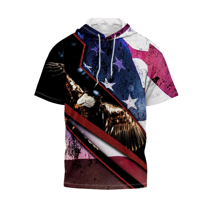 

American Flag Retro Elements 3D Printing Unisex Hooded T-shirt Short Sleeve Fashion Trend Retro Harajuku Daily Casual Wear