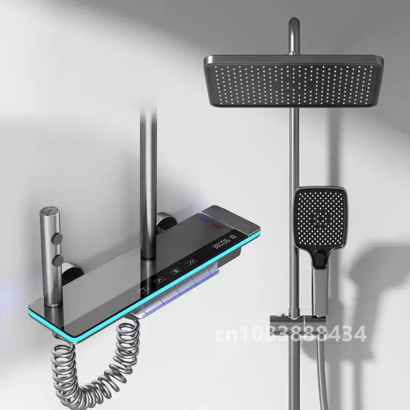 Bathroom Digital Display Shower System Brass Waterfall Faucet Set Rainfall Temperature Bathtub Mixer with Lamp