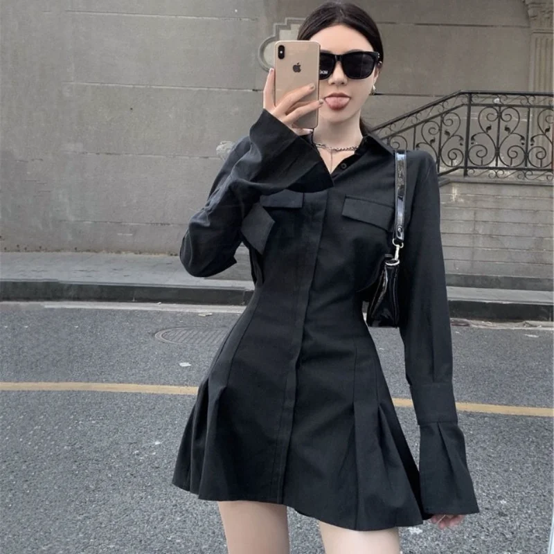 Женское винтажное платье с отложным воротником, черная однотонная туника в готическом стиле, элегантная Клубная туника, Y2k, весна 2019