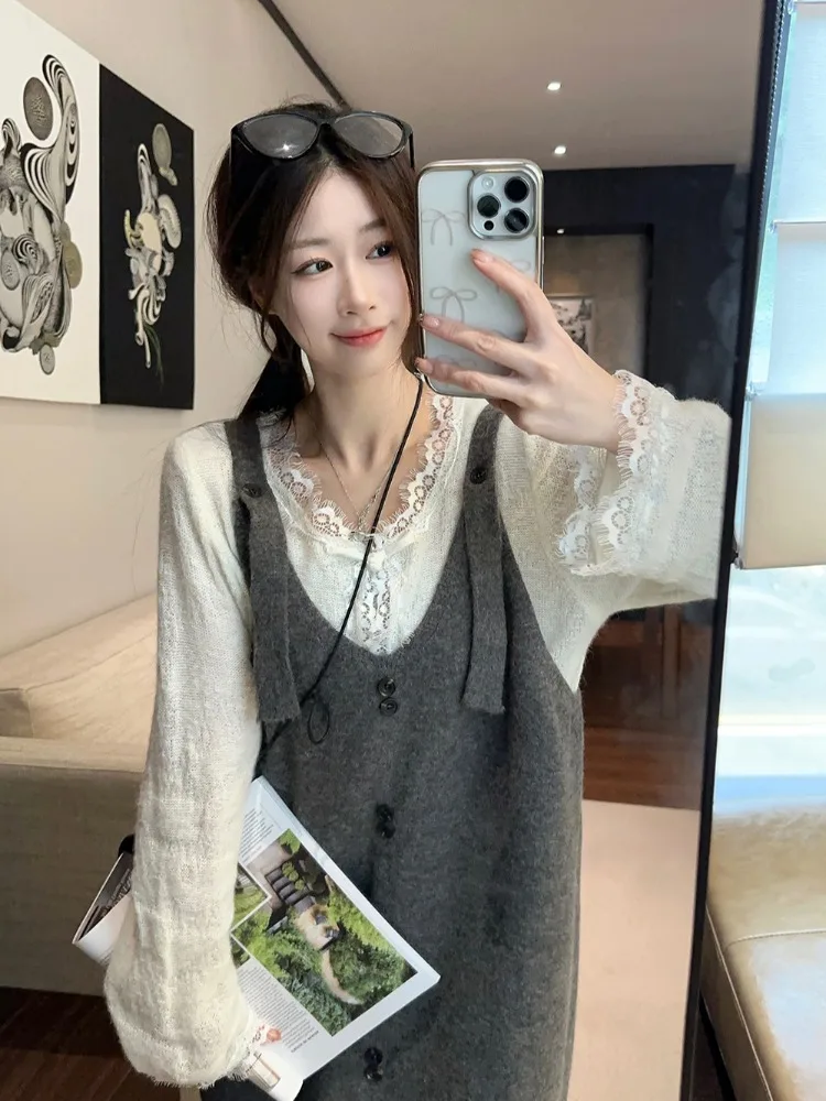 Серое вязаное платье на подтяжках в стиле ретро с v-образным вырезом женское