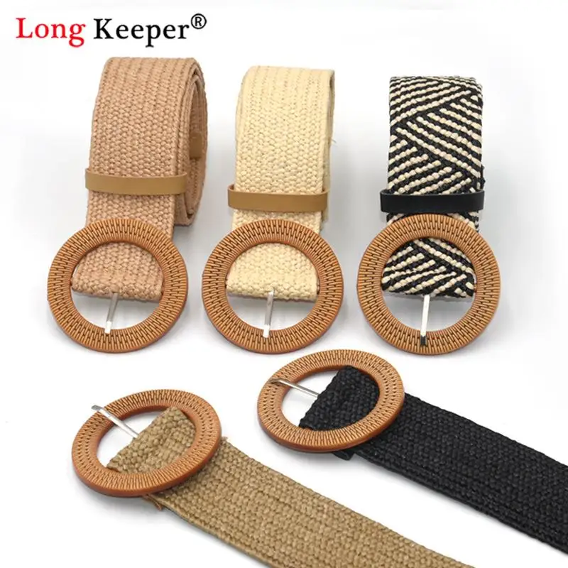 

New Belt Women Fashion Vintage Woven Straw Buckle Wide Non-Perforated Belt Dress Belt Solid INS Style Waist Seal Long Keeper