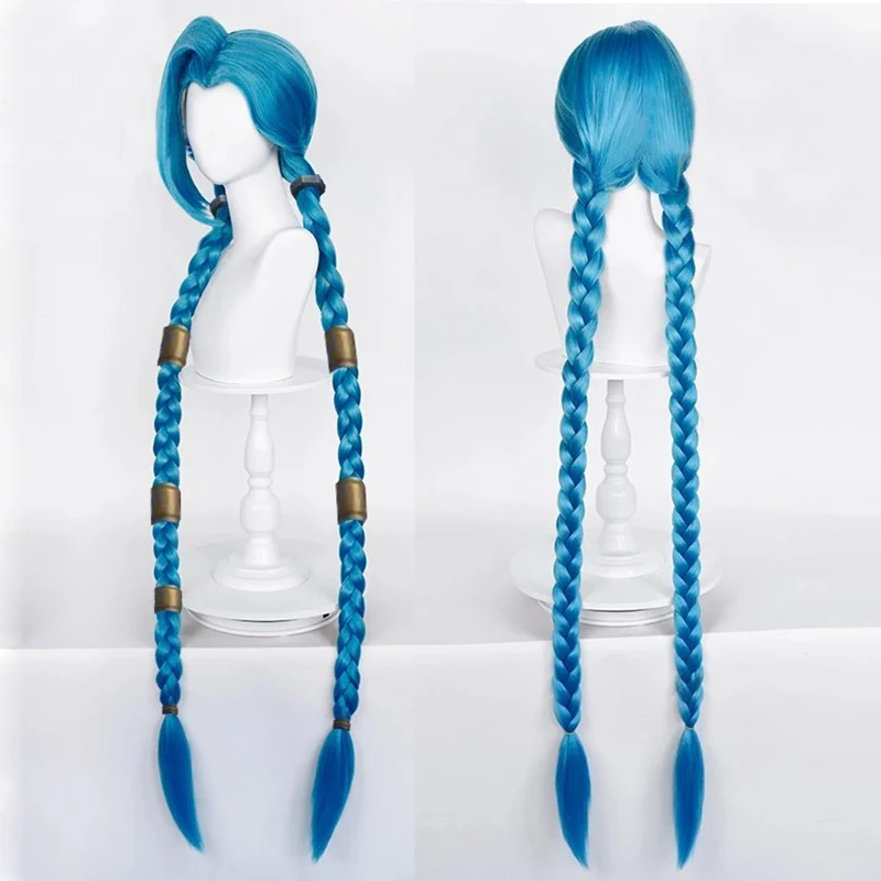 Длинная коса LOL костюм Джинкс Wig 120 см синие термостойкие синтетические волосы