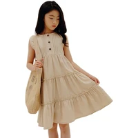 korean loose style kids dresses for girls summer sleeveless apricot cotton casual sundress children party dress teen clothes 15y